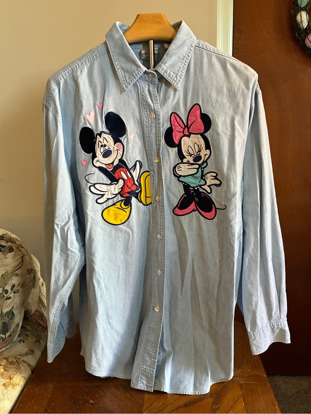 Disney Light Blue Mickey & Minnie Button-Down Shirt with Colorful Patches
